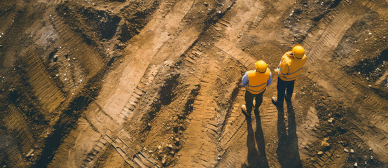 Two workers in high-visibility vests traverse a rugged construction site, their shadows trailing behind in the early morning light