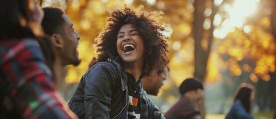 Joyous laughter erupts among friends in an autumnal park, as the golden hour sun weaves through the trees
