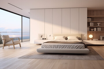 Clean minimal bedroom interior design in cream color with modern bed and decoration