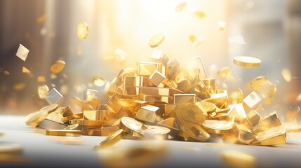 A stack of gold coins surrounded by falling coins. - obrazy, fototapety, plakaty