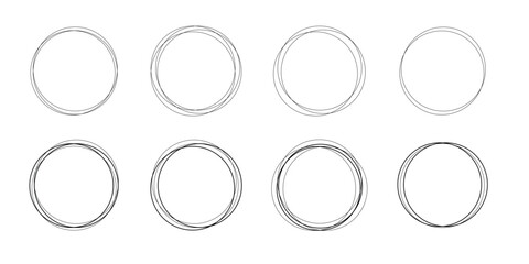 Collection of vector monochrome isolated round frames with crossed lines in doodle style for designs