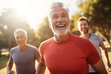 Mature men jogging along a park in a sunny day