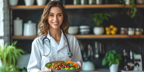A female doctor nutritionist holding a bowl with a healthy vegetable salad - obrazy, fototapety, plakaty