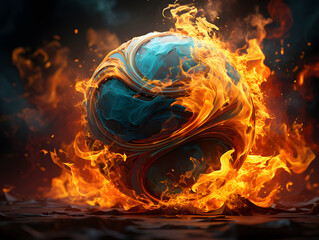 A basketball ball surrounded by flames and swirling smoke