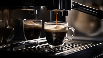 Espresso pouring into a glass, rich crema, coffee machine in action