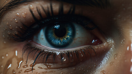 A poignant photograph capturing a close-up of a tear rolling down a cheek, conveying raw, emotional vulnerability, a scene that speaks to the depths of human emotions - obrazy, fototapety, plakaty