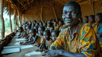Naklejka premium African School Teacher with Students in Background