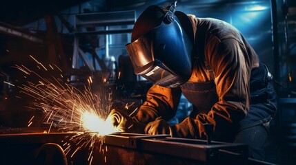 The welder works in the workshop. The moment of welding of metal structures