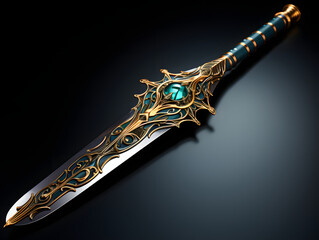 A beautiful, gold looking sword on a wooden surface - obrazy, fototapety, plakaty