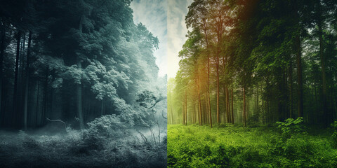 Two pictures of a forest with sunlight coming through the trees spring forest trees. nature green wood sunlight .