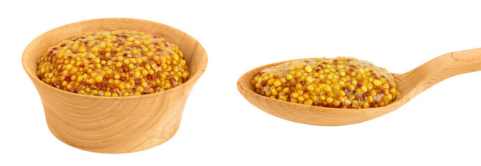 french mustard in wooden spoon and bowl isolated on white background with full depth of field