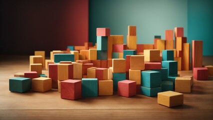 colorful abstract background of wooden blocks arranged in a house