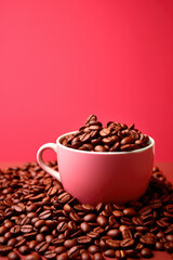 Fototapeta premium Coffee beans and cup on color background