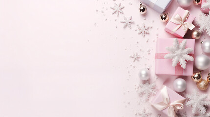 Festive Elegance: Top View Christmas Concept with Stylish Decorations on Snow-Covered Present Boxes and Fir Branches in Isolated Light Pink Background - Copy Space for Promotional Content.