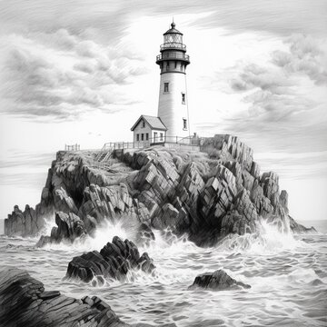 Pencil sketch lighthouse light shining images Generative AI