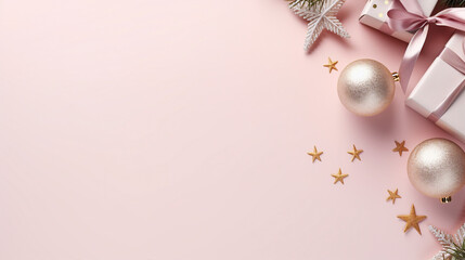 Magical Winter Celebration: Decorated Present Boxes and Stylish Baubles on Snow with Copy Space - Traditional Holiday Concept in Top View Photo on Light Pink Background.