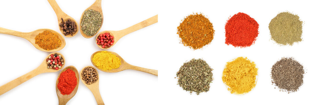 mix of spices on w isolated on wooden spoon a white background. Top view. Flat lay. Set or collection