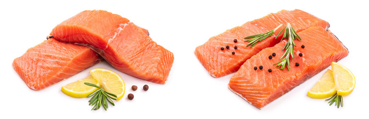 fillet of red fish salmon with lemon and rosemary isolated on white background