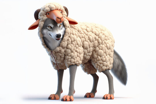 Photo 3d The wolf takes off his sheep costume Isolated on solid white background. ai generative
