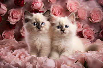  Fluffy Kittens and Pink Roses Valentine, Generative AI