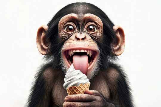 Photo Chimpanzees with tongue hanging out and big bulging eyes eat ice cream cone on white background. ai generative