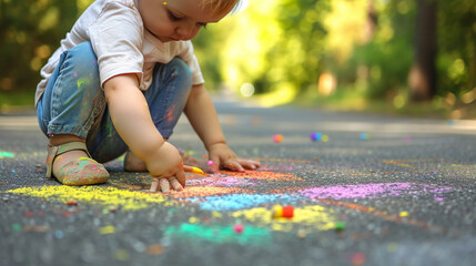 The child draws a house and a rainbow on the asphalt with chalk. Selective focus. Generative AI, - obrazy, fototapety, plakaty