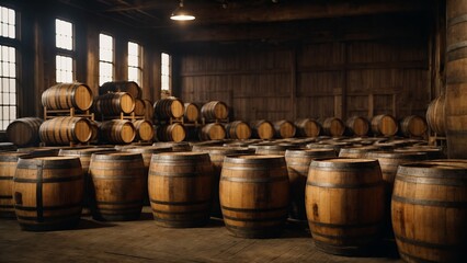 wine barrels in cellar, Whiskey, bourbon, scotch barrels - obrazy, fototapety, plakaty