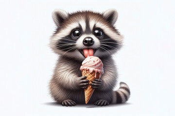 Fototapeta na wymiar Photo racoon with tongue hanging out and big bulging eyes eat ice cream cone on solid white background. ai generative