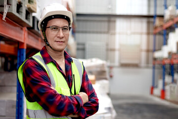 Portrait of happy Asian senior supervisor wearing safety vest and helmet, standing with arms...