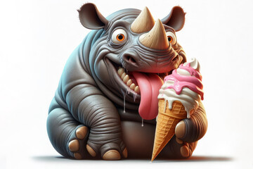 Rhino with tongue hanging out and big bulging eyes eat ice cream cone on solid white background. ai generative