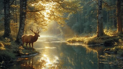 Deer standing next to a river in a forest with amazing sunset atmosphere