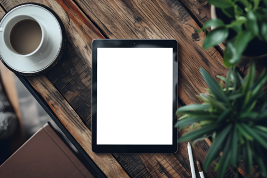 Transparent Tab Screen Mockup on Table with Plant Decoration, Digital Workspace - Powered by Adobe