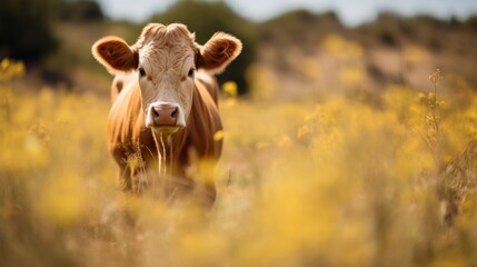 Portrait of a cow grazing in a field of yellow flowers. Generative AI