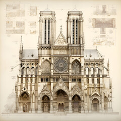 Design and Visual Drawing: Elaborate Gothic Cathedral Exterior with Intricate Details