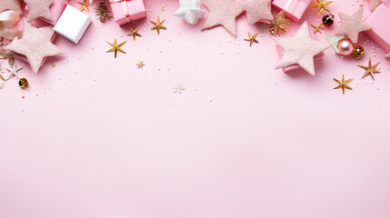 Magical Winter Celebration: Decorated Present Boxes and Stylish Baubles on Snow with Copy Space - Traditional Holiday Concept in Top View Photo on Light Pink Background.