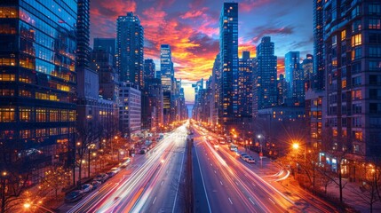 Fototapeta na wymiar Fast city life with blurred motion highway, Modern City sunset