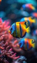Fototapeta na wymiar Close-up photos of vIbrant tropical mesmerizing fishes in aquarium. AI generated image