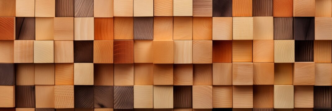 wooden wall background, carved painted wooden blocks. different shades and types of wood. banner, natural backdrop. woodworking products.