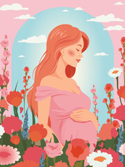 A pregnant girl. There are a lot of flowers around. Straight blond hair is blown by the breeze. In a pink sundress. Her arms hug her stomach. Modern. Vector.
