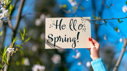 Woman's hand holding a welcoming sign with text "Hello Spring" over natural blurred defocused spring background. Handheld spring celebration sign. Card greeting with spring backdrop