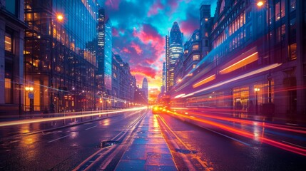 Fototapeta na wymiar Fast city life with blurred motion highway, Modern City sunset