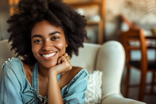 dark-skinned girl smiles for the camera in a cozy setting