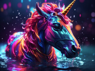Obraz na płótnie Canvas A photo of a beautiful neon color Unicorn in water at night Generative AI