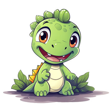 simple cute child illustration, green dinosaur mascot laughing, smiling happily, transparent background