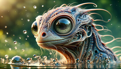 Fantastic alien creature, intricately textured, with large reflective eyes and whimsical tendrils, submerged in water with splashing drops.Alien species concept. AI generated.