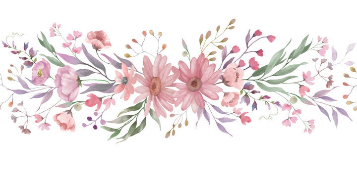Seamless watercolor floral border. Hand drawn illustration isolated on transparent background. Vector EPS.