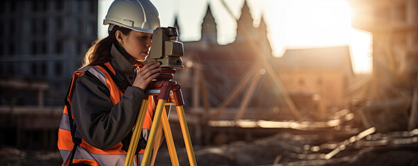 Surveyor site Engineer with helmet and theodolite equipment for construction buildings. copyspace...