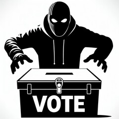 Thief in a mask over a ballot box, stealing votes, voter fraud, election fraud conspiracy.