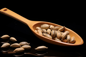 Parkia speciosa seeds or bitter bean on wooden spoon - obrazy, fototapety, plakaty