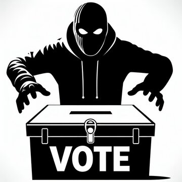 Thief in a mask over a ballot box, stealing votes, voter fraud, election fraud conspiracy.